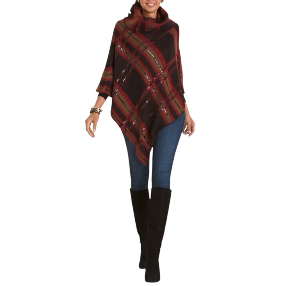 CHICO's Plaid Embellished Cowl Neck Poncho in Red/Tan L/XL -- FALL PERFECTION!!